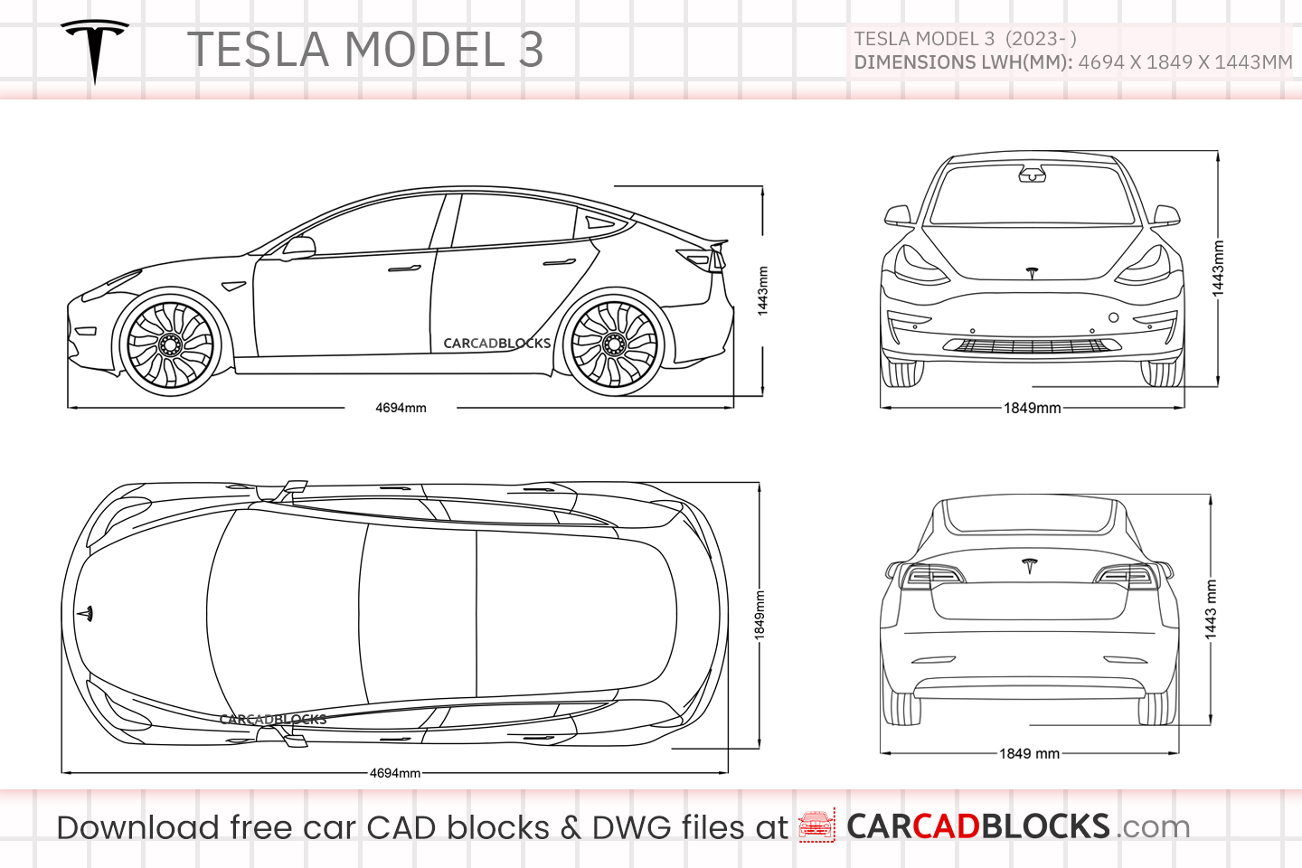 Tesla Model 3 Free CAD block, DWG File