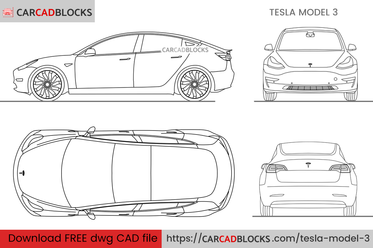 Tesla Model 3 Free CAD block, DWG File
